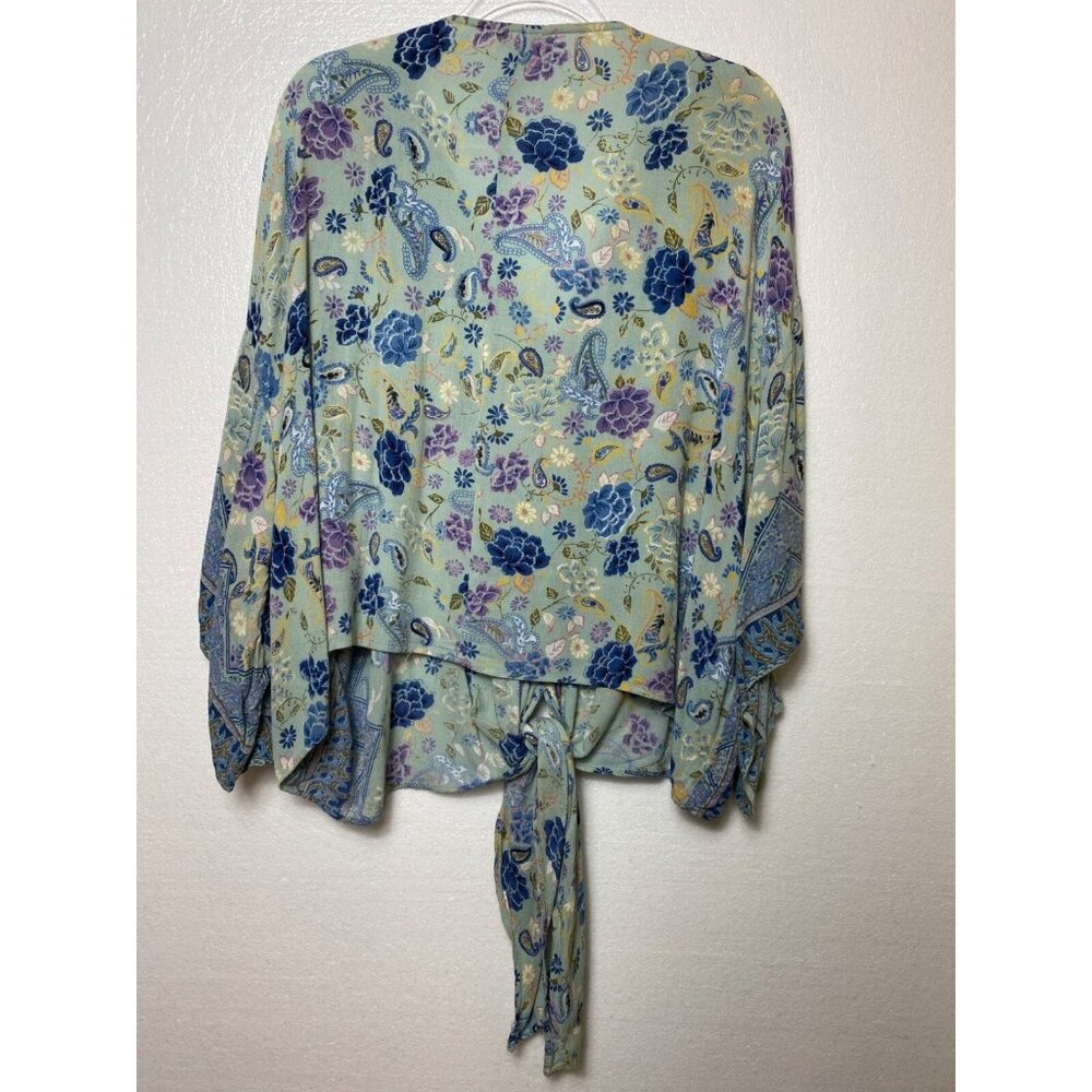 Lola P. Floral Kimono Blouse With Tie Waist XL Light Floral Boho Peasant Hippie - Picture 2 of 3